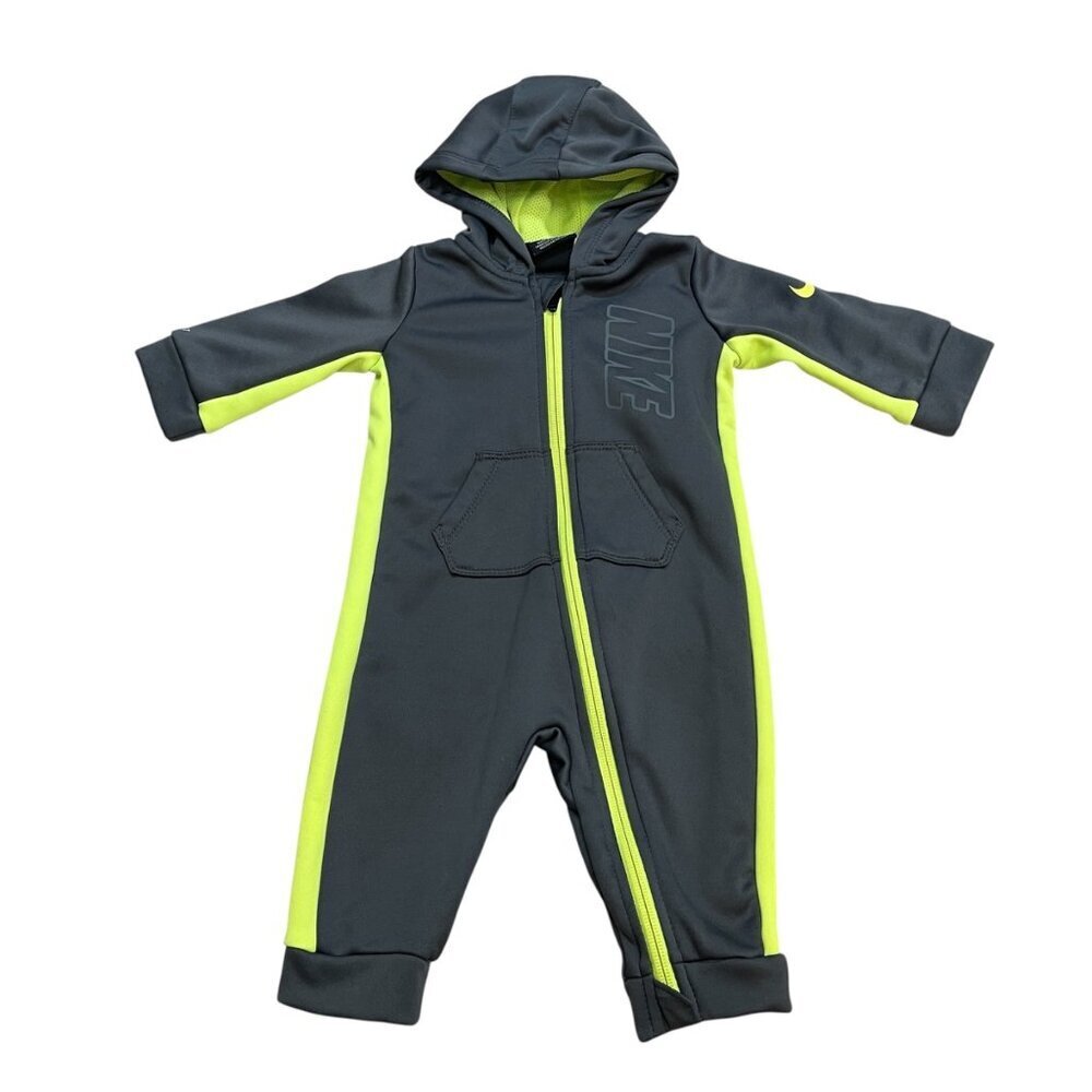Nike Dri Fit Gray Neon Green Long Sleeve Zipper Romper Baby Boy Size 6 Month